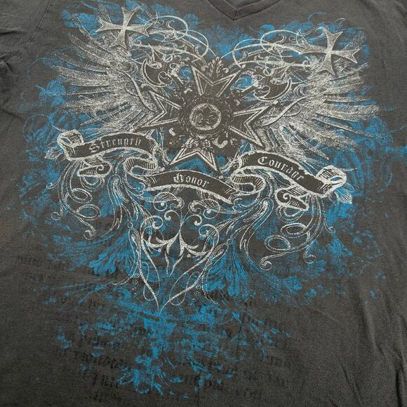 VTG Mens Grey Blue Route 66 Strength, Honor, Courage V Neck Graphic T Shirt Sz L - Picture 3 of 6